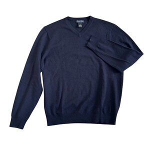 Garret Scott Men's Size M Extra Fine Merino Wool V-Neck Sweater Navy Blue